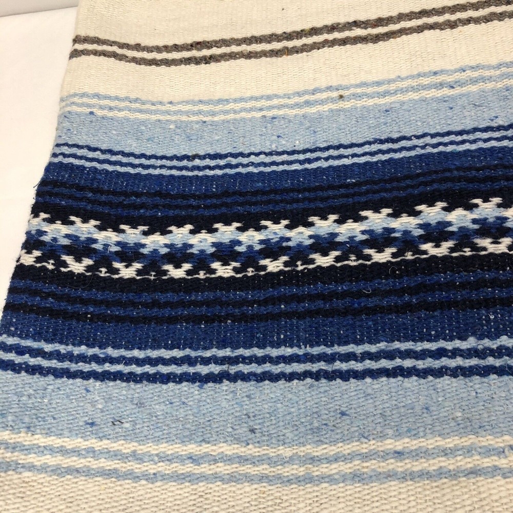 Aztec Mexican Woven Southwestern Blanket Throw Fringed 58”x 80” Blue Beige Black